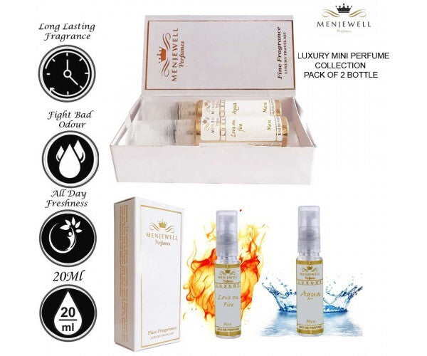 Menjewell Love On Fire + Aqua Perfume Gift Set For Men 10ml 0.3 Fl.oz. Each Pack Of 2 | Pocket Perfume Gift Set | Eau De Parfum