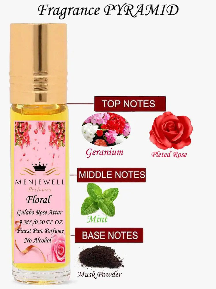 Menjewell Floral Gulabo Rose Attar Perfume 9ml 0.3 Fl.oz. Unisex Fragrance | Long Lasting | Alcohol Free