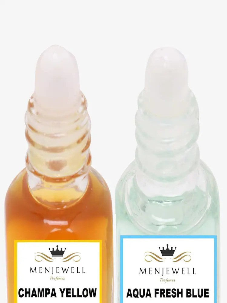 Menjewell Aqua Fresh Blue + Champa Yellow Attar Perfume 5ml 0.17 Fl.oz. Each Pack Of 2 | Unisex Fragrance | Long Lasting