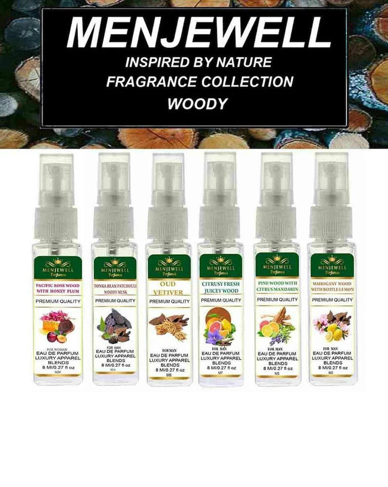 Menjewell Inspired By Nature Fragrance Collection Woody Perfume Gift | 8ml 0.27 Fl.oz. Each Set Of 6 | Unisex Fragrances