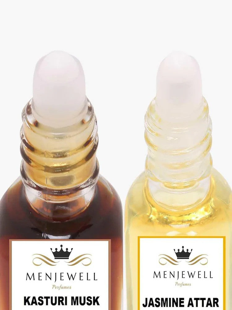 Menjewell Kasturi Musk + Jasmine Attar Combo 5ml 0.16 Fl.oz. Each Pack Of 2 | Long Lasting | Unisex Fragrance | Alcohol Free