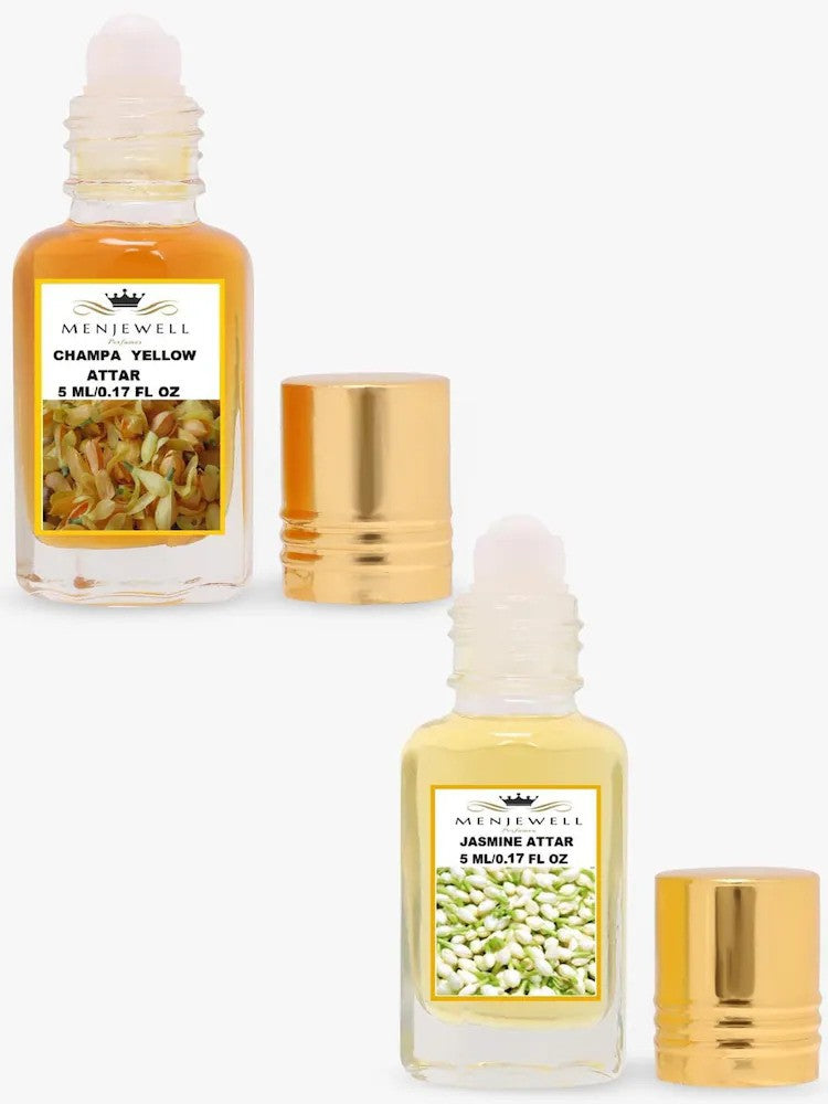 Menjewell Champa Yellow + Jasmine Attar 5ml 0.17 Fl.oz. Each Pack Of 2 Unisex Fragrance | Long Lasting | Luxury Fragrance