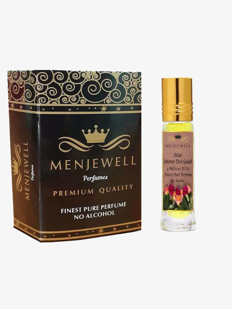 Menjewell Intense Desi Gulab Attar Perfume 3ml 0.1 Fl.oz. Unisex Fragrance | Long Lasting | Alcohol Free