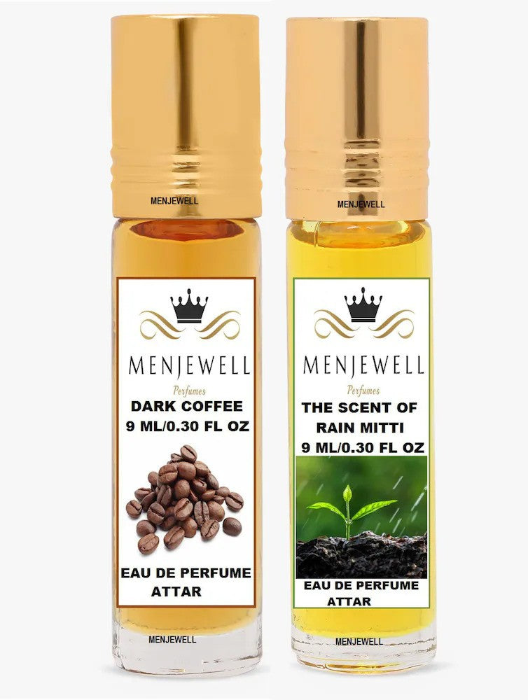 Menjewell Dark Coffee + The Scent Of Rain Mitti Eau De Perfume Attar 9ml 0.3 Fl.oz. Each Pack Of 2 | Unisex Luxury Fragrance | Long Lasting | Non Alcoholic