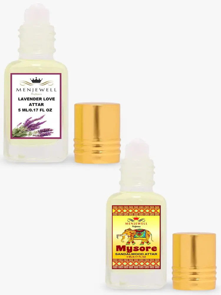 Menjewell Lavender Love + Mysore Sandalwood Attar Combo 5ml 0.17 Fl.oz. Each Pack Of 2 | Long Lasting | Unisex Fragrance | Alcohol Free