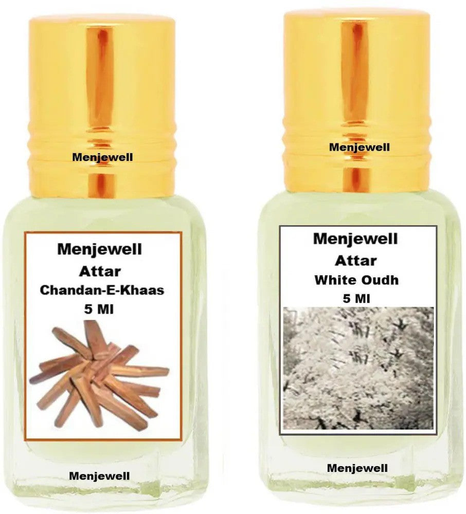 Menjewell Chandan-E-Khaas + White Oudh Attar Combo 5ml 0.16 Fl.oz. Each Pack Of 2 | Long Lasting | Unisex Fragrance | Alcohol Free