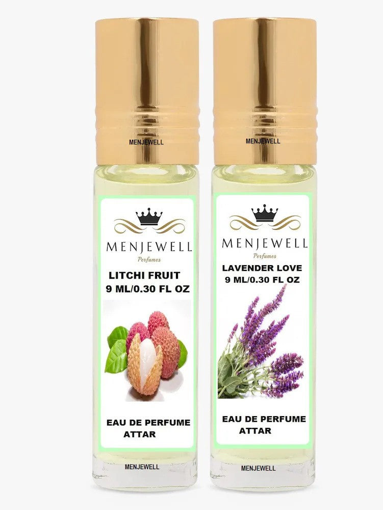 Menjewell Litchi Fruit + Lavender Love Eau De Perfume Attar 9ml 0.3 Fl.oz. Each Pack Of 2 Unisex Fragrance | Long Lasting | Alcohol Free