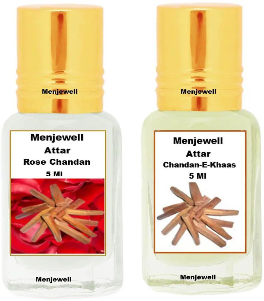 Menjewell Chandan-E-Khaas + Rose Chandan Attar 5ml 0.17 Fl.oz. Each Pack Of 2 Unisex Fragrance | Finest Pure Perfume | No Alcohol