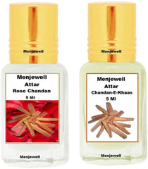 Menjewell Chandan-E-Khaas + Rose Chandan Attar 5ml 0.17 Fl.oz. Each Pack Of 2 Unisex Fragrance | Finest Pure Perfume | No Alcohol