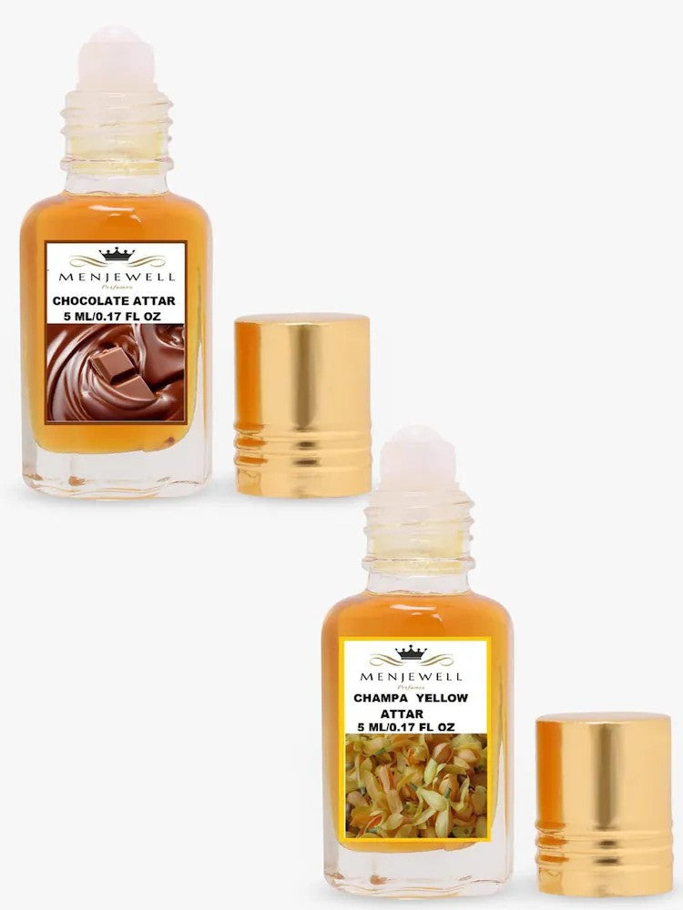 Menjewell Champa Yellow + Chocolate Attar Perfume 5ml 0.17 Fl.oz. Each Pack Of 2 | Unisex Fragrance | Alcohol Free