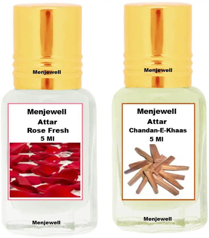 Menjewell Chandan-E-Khaas + Rose Fresh Attar 5ml 0.17 Fl.oz. Each Pack Of 2 Unisex Fragrance | Long Lasting | Luxury Fragrance