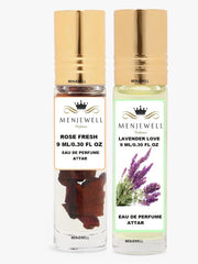 Menjewell Rose Fresh + Lavender Love Eau De Perfume Attar 9ml 0.3 Fl.oz. Each Pack Of 2 | Unisex Fragrance | Long Lasting