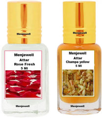 Menjewell Rose Fresh + Champa Yellow Attar Perfume 5ml 0.17 Fl.oz. Each Pack Of 2 | Unisex Fragrance | Long Lasting