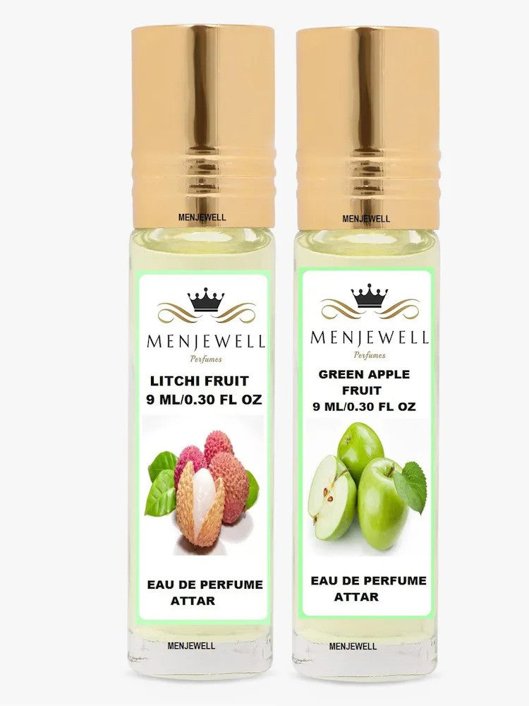 Menjewell Litchi Fruit + Green Apple Eau De Perfume Attar 9ml 0.3 Fl.oz. Each Pack Of 2 Unisex Fragrance | Long Lasting | Alcohol Free