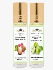 Menjewell Litchi Fruit + Green Apple Eau De Perfume Attar 9ml 0.3 Fl.oz. Each Pack Of 2 Unisex Fragrance | Long Lasting | Alcohol Free