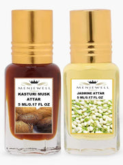 Menjewell Kasturi Musk + Jasmine Attar Combo 5ml 0.16 Fl.oz. Each Pack Of 2 | Long Lasting | Unisex Fragrance | Alcohol Free