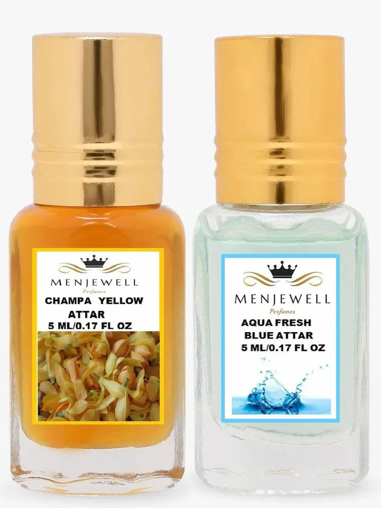 Menjewell Aqua Fresh Blue + Champa Yellow Attar Perfume 5ml 0.17 Fl.oz. Each Pack Of 2 | Unisex Fragrance | Long Lasting