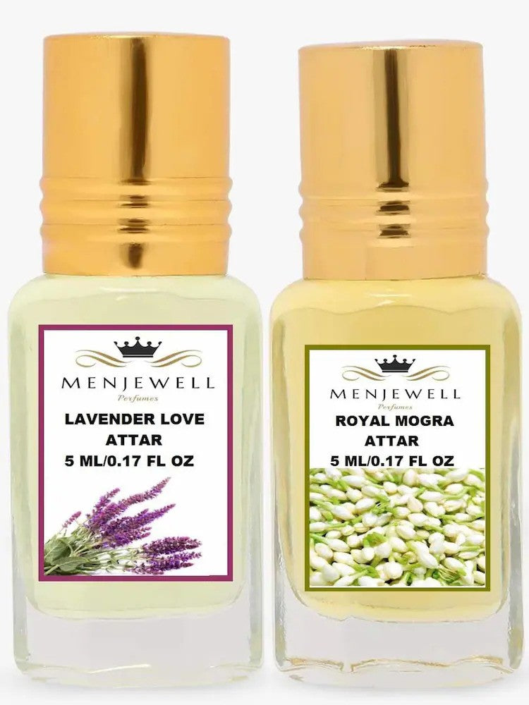 Menjewell Lavender Love + Royal Mogra Attar Perfume 2x 0.17 Fl.oz. Pack Of 2 | Unisex Fragrance | Long Lasting