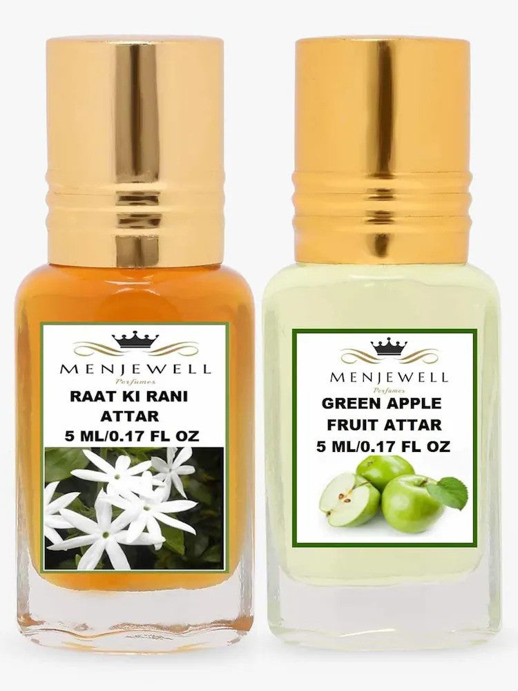 Menjewell Raat Ki Rani + Green Apple Fruit Attar Perfume 5ml 0.17 Fl.oz. Each Pack Of 2 Unisex Fragrance | Finest Pure Perfume | No Alcohol