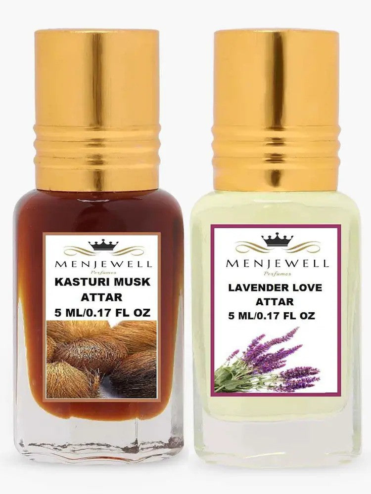 Menjewell Kasturi Musk + Lavender Love Attar Perfume 5ml 0.17 Fl.oz. Each Pack Of 2 Unisex Fragrance | Long Lasting | Luxury Fragrance