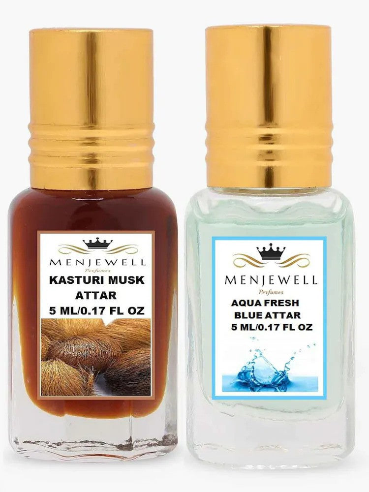 Menjewell Aqua Fresh Blue + Kasturi Musk Attar Perfume 5ml 0.17 Fl.oz. Each Pack Of 2 | Unisex Fragrance | Long Lasting