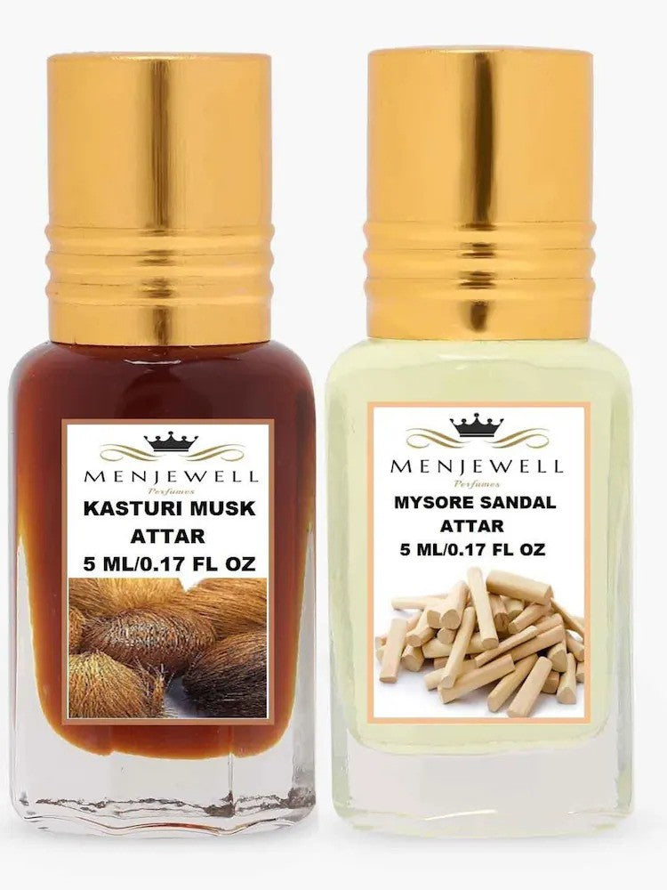 Menjewell Kasturi Musk + Mysore Sandal Attar 5ml 0.17 Fl.oz. Each Pack Of 2 Unisex Fragrance | Long Lasting | Luxury Fragrance