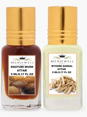 Menjewell Kasturi Musk + Mysore Sandal Attar 5ml 0.17 Fl.oz. Each Pack Of 2 Unisex Fragrance | Long Lasting | Luxury Fragrance