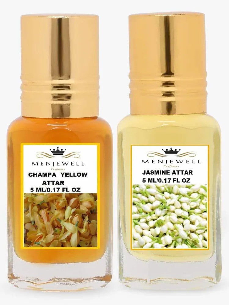 Menjewell Champa Yellow + Jasmine Attar 5ml 0.17 Fl.oz. Each Pack Of 2 Unisex Fragrance | Long Lasting | Luxury Fragrance