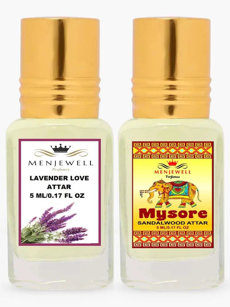 Menjewell Lavender Love + Mysore Sandalwood Attar Combo 5ml 0.17 Fl.oz. Each Pack Of 2 | Long Lasting | Unisex Fragrance | Alcohol Free