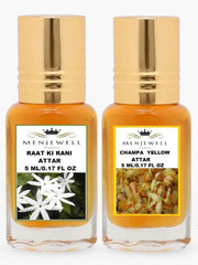 Menjewell Raat Ki Rani + Champa Yellow Attar Perfume 2x 0.17 Fl.oz. Pack Of 2 | Unisex Fragrance | Long Lasting