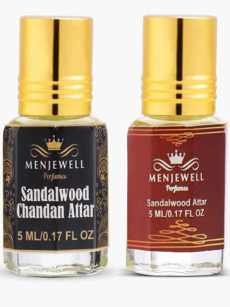 Menjewell Sandalwood Chandan + Sandalwood Attar Perfume 5ml 0.17 Fl.oz. Each Pack Of 2 Unisex Fragrance | Long Lasting