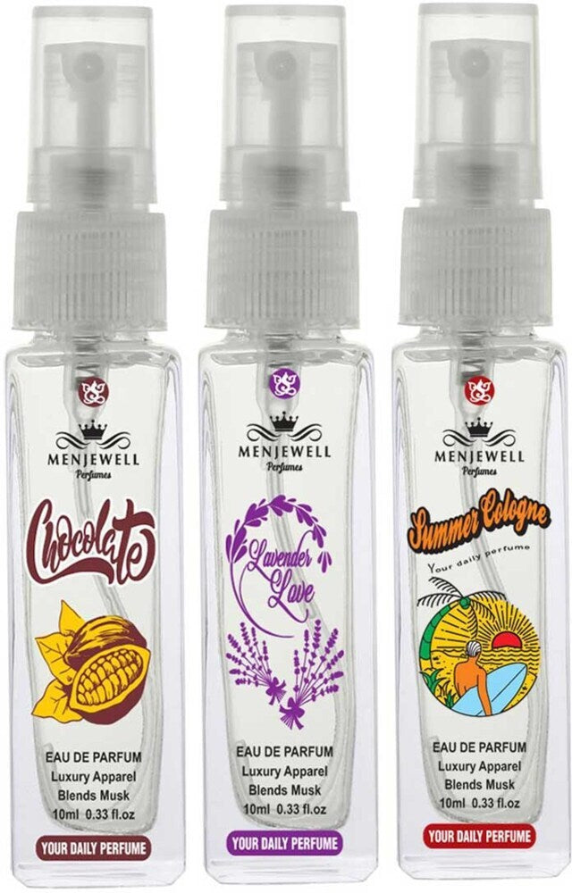 Menjewell Chocolate + Lavender Love + Summer Cologne Eau De Parfum 10ml 0.3 Fl.oz. Each Pack Of 3 Women Fragrance | Long Lasting | Luxury Fragrance