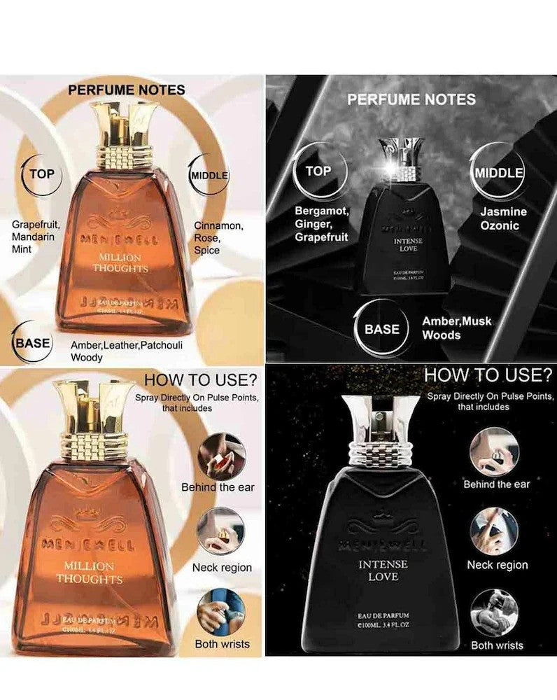 Menjewell Intense Love + Million Thought Eau De Parfum 100ml 3.4 Fl.oz. Each Pack Of 2 Men Fragrance | Long Lasting