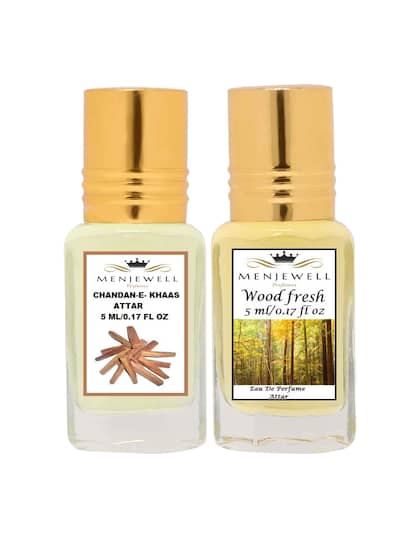 Menjewell Chandan-E-Khaas Attar + Wood Fresh Eau De Perfume Attar 5ml 0.17 Fl.oz. Each Pack Of 2 Long Lasting | Alcohol Free | Unisex Fragrance