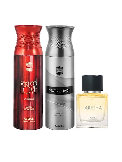 Ajmal Silver Shade & Sacred Love Deodorant Spray 200ml 6.7 Fl.oz. Each X2 & Aretha Eau De Parfum 50ml 1.6 Fl.oz. | Pack Of 3 For Unisex