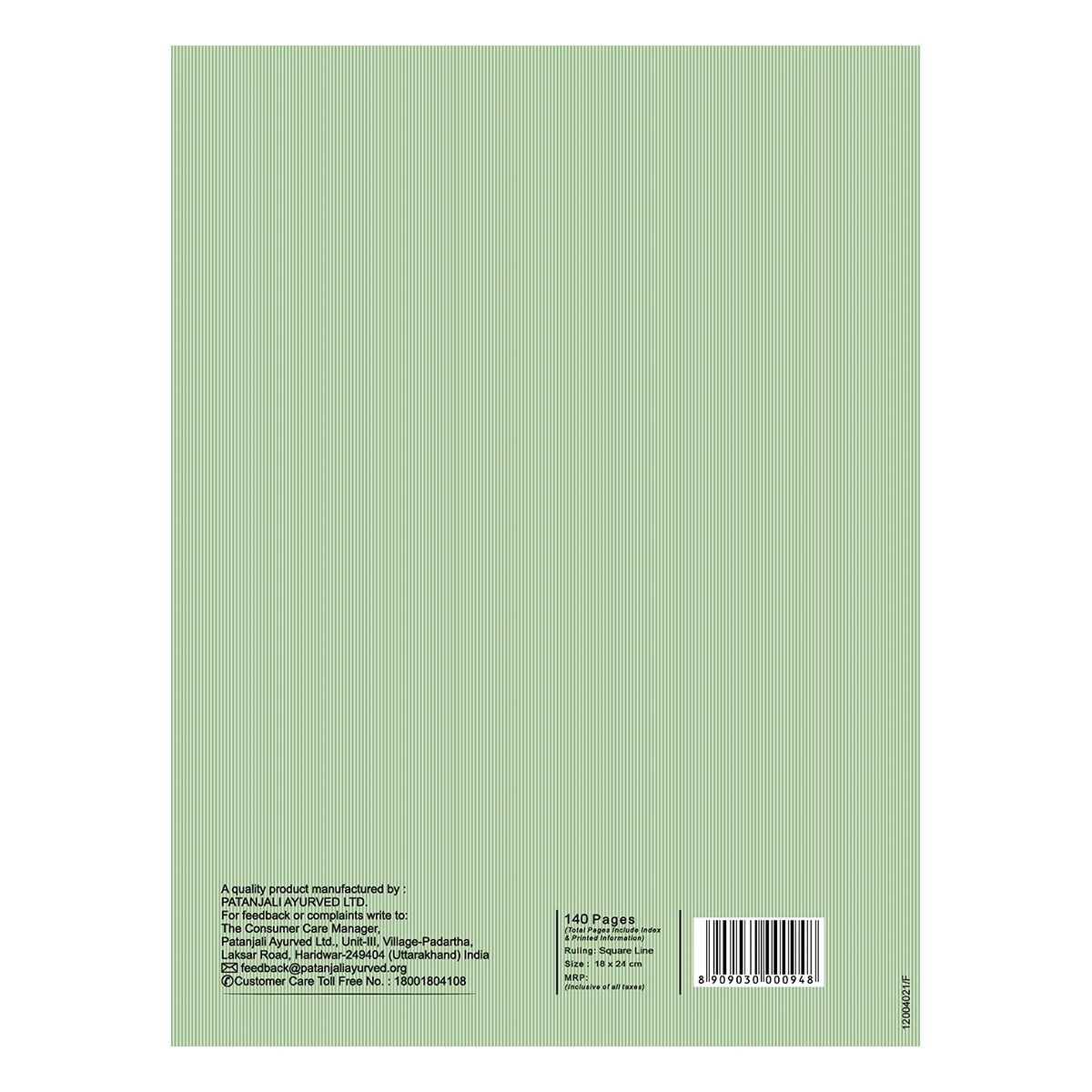 Patanjali Gyanpath Notebook (18x24 Cm) Green, 140p Square, Pack Of 1