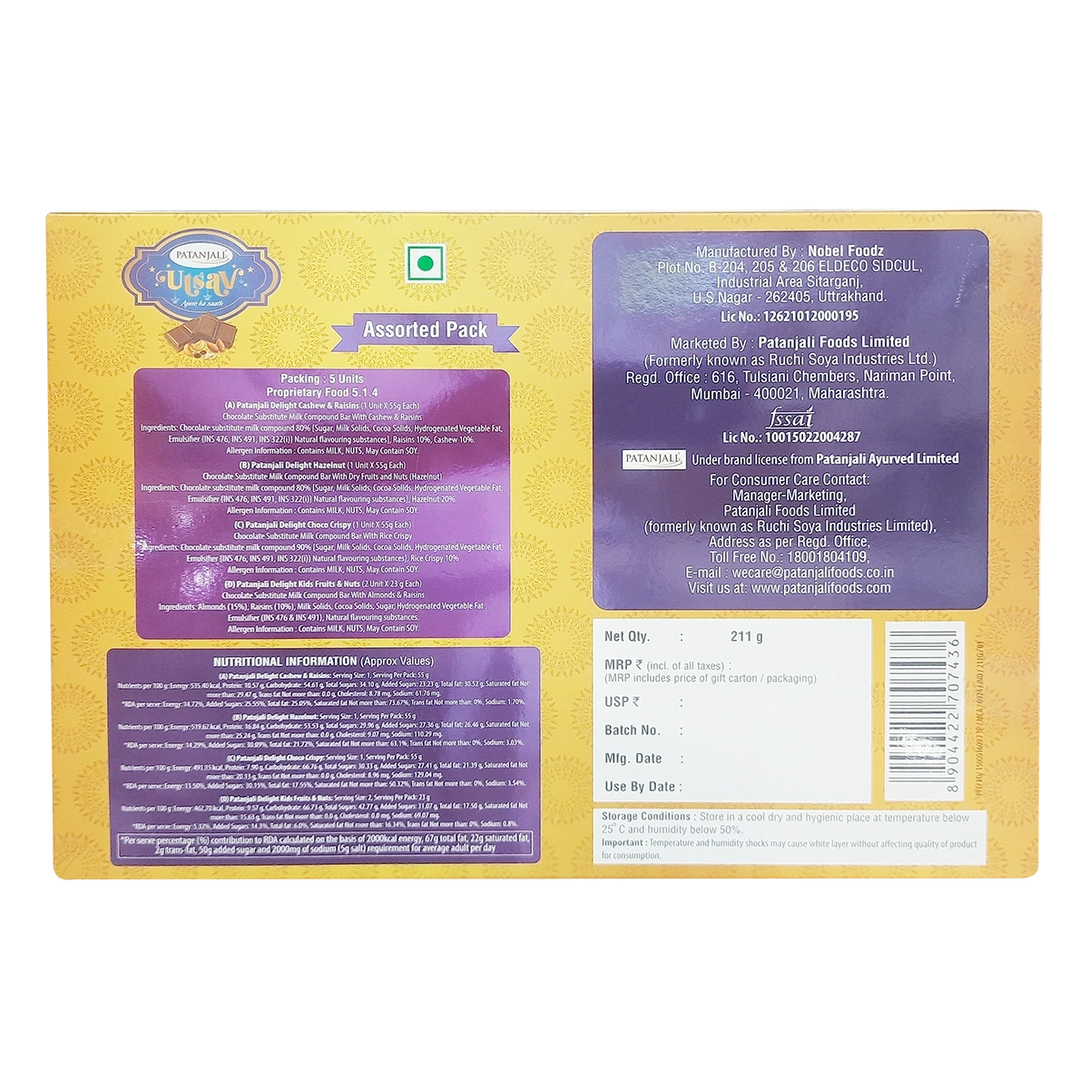 Patanjali Utsav Chocolate-4 Nos With Chocolate, Milk Compound 80% Sugar, Milk Solids, 211gm