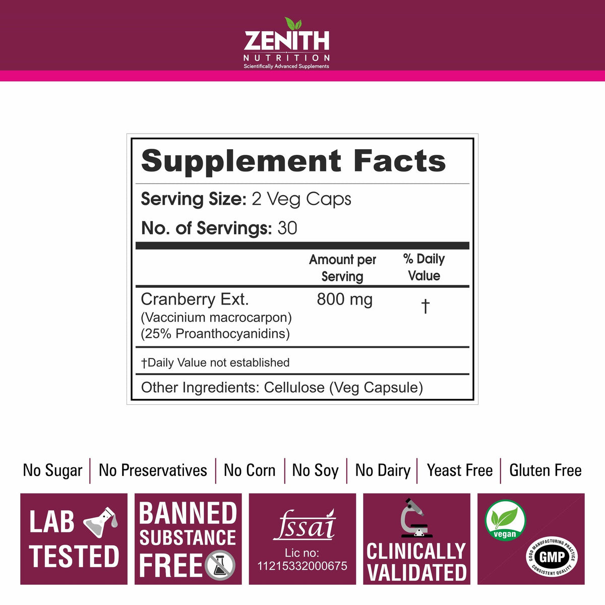 Zenith Nutrition Cranberry 400mg, Rich In Antioxidants To Help Protect The Body From Oxidative Stress | 60 Veg Capsules 100gm 0.2lbs Each Pack Of 2